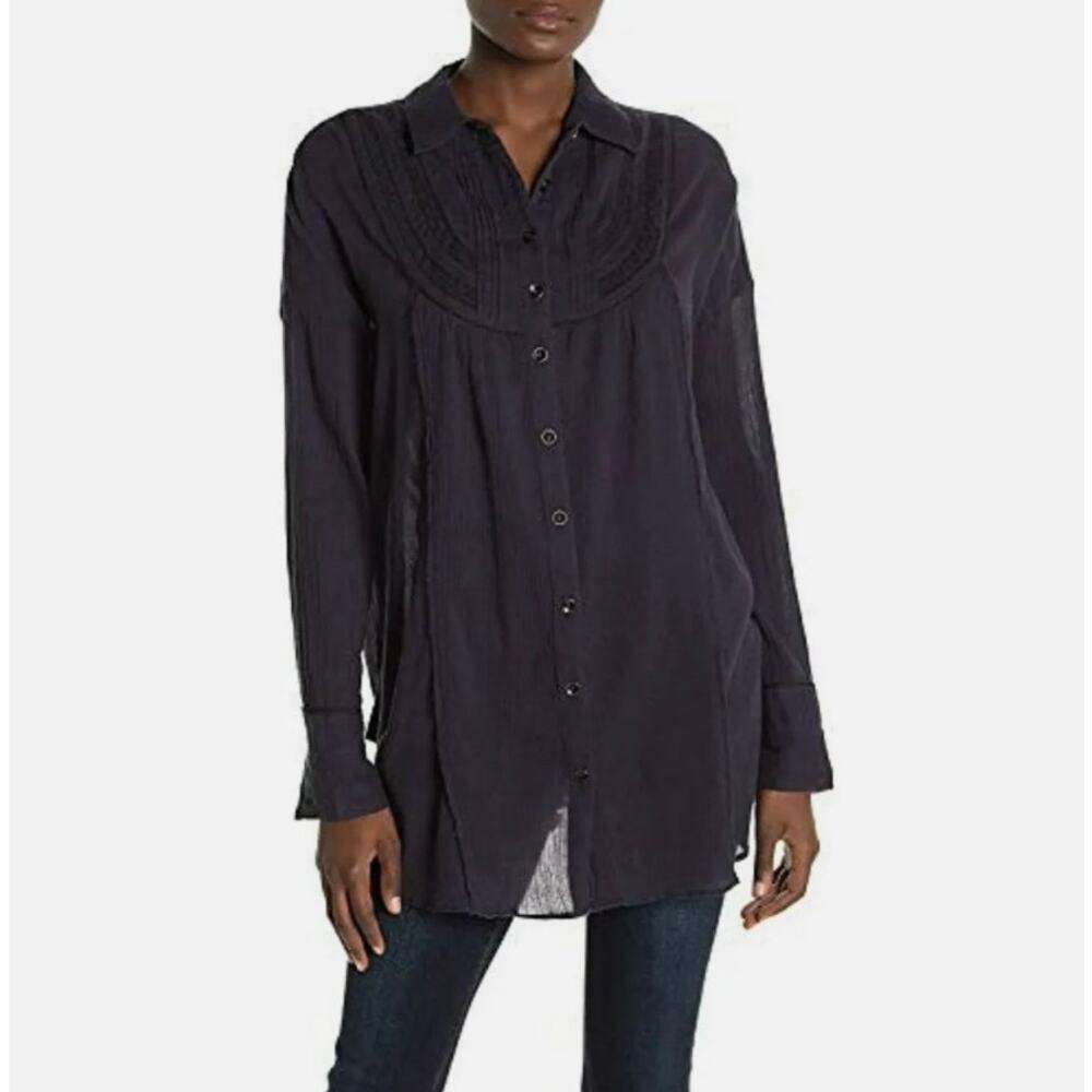 We The Free Navy Blue Long Sleeve Button Up 'Amore Amore' Blouse Size Small